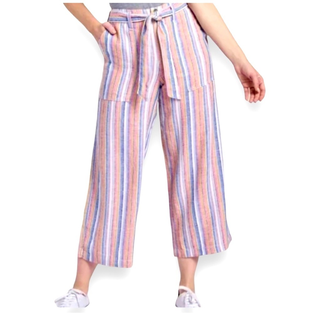 Seven7 Wide Leg Cropped Linen Blend Pant In Mulit Color Stripes Size 8